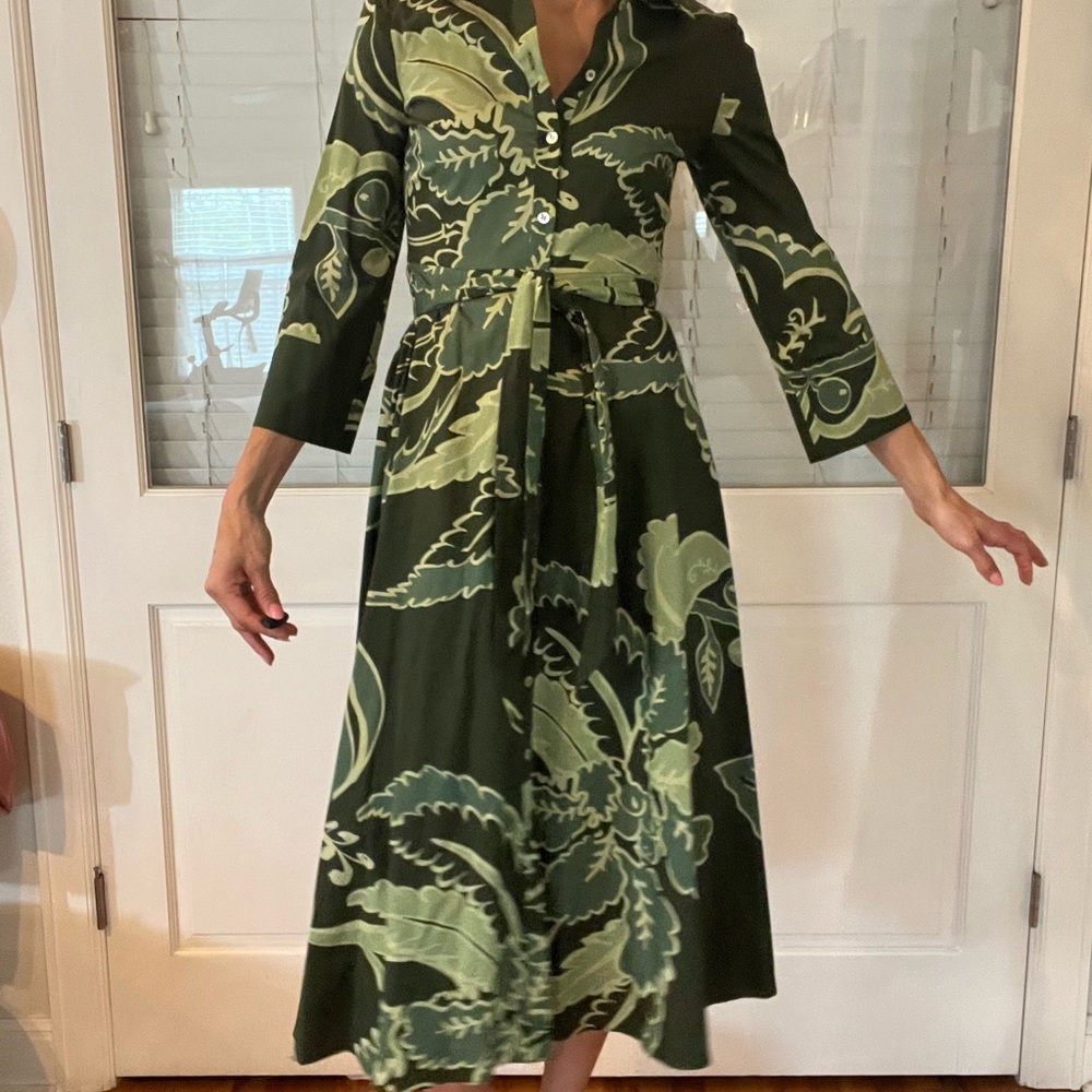 Camo tie waist dress and green and leafy button up midi dress. Zara.
